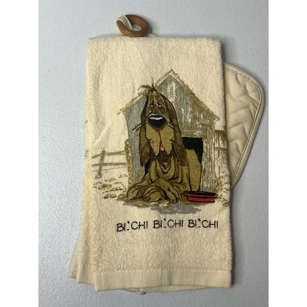 Vtg 3 Piece KITCHEN towel Set‎ Dog Humor B**ch Pot Holder Dish Cloth Gibson MCM